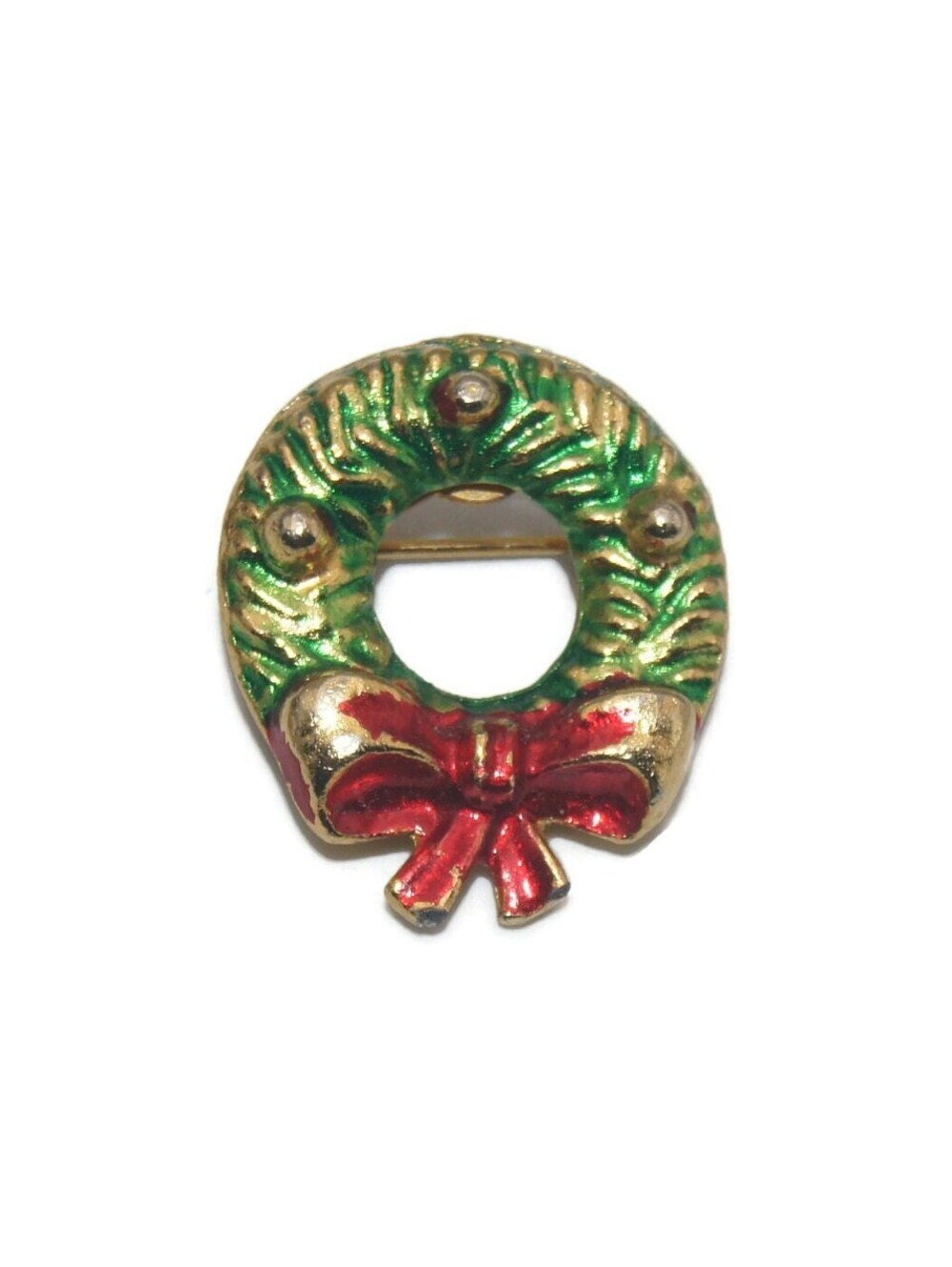 Small Vintage Gold Tone with Red and Green Enamel Christmas Wreath Brooch.